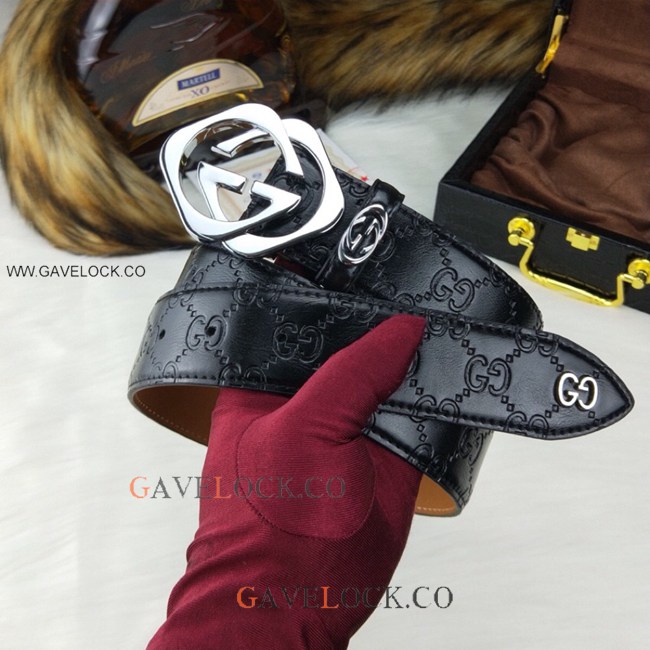 Gucci Black Leather Belt Two Tone with Double G Buckle